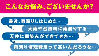 こんなお悩みございませんか？最近、雨漏りしはじめた…大雨や台風時に雨漏りする…天井に雨染みができてきた…雨漏り修理費用って高いんだろうな…